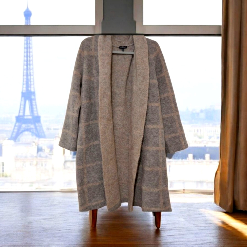 EILEEN FISHER MOON SHAWL COLLAR GREY/ BEIGE SOFT OPEN LONG SWEATER/COAT